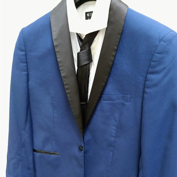 Blue black polyester tuxedo jacket slim fit S42 - Picture 4 of 4